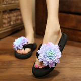 夏季潮时尚韩版夹脚可爱花朵人字拖女厚底坡跟防滑大码沙滩凉拖鞋