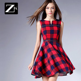 ZK女装2016夏季新品时尚气质格子拼接修身显瘦连衣裙新款夏装