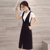 2016夏季新款韩版时尚V领条纹开叉包臀背带连衣裙女两件套裙子