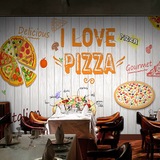 披萨店装饰墙纸可爱卡通pizza休闲小食餐厅大型壁画主题木纹壁纸