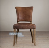 美式乡村实木皮艺餐椅复古椅子欧式新古典做旧休闲椅法式酒店椅子