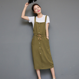 2016夏装韩版新款女装修身显瘦套装两件套中长款棉麻背带连衣裙