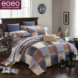 eoeo美式磨毛四件套全棉加厚一米八条纹格子纯棉1.8m床上用品1.5