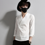 欧美风潮男士韩版修身长袖衬衫男装秋季个性棉麻和服领衬衣潮流dj