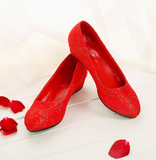 结婚鞋子红色新娘鞋孕妇怀孕穿平底鞋坡跟矮跟女士单鞋婚礼敬酒鞋