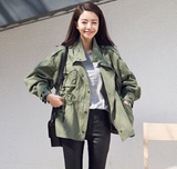 2016春新品韩版军绿色短款抽绳工装风衣女 学院风宽松夹克外套