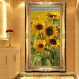玄关竖幅油画向日葵田园花卉纯手绘欧式走廊过道现代竖版装饰壁画