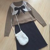 [老修代营] 日式古着少女风格 浅巧克力色 蝴蝶结织纹 棉线针织衫