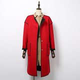 时尚落肩长袖 中长款红色纯色羊毛呢子大衣风衣外套秋季新品女装