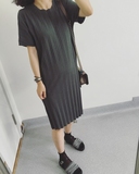 【西子铺】韩国进口 设计师款钢琴褶冰丝针织棉墨绿色连身裙现货
