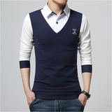 春季青年男韩版修身休闲男装T恤衫男衬衫领假两件加肥大码长袖T恤