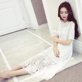 修身蕾丝连衣裙女夏季新款韩版时尚显瘦白色长裙大摆沙滩流苏裙子