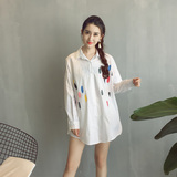 秋季新款韩版女装个性彩色涂鸦印花宽松中长款直筒长袖衬衫+B33