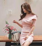 韩国代购2016春款4.6温柔粉色翻领一字领露肩修身针织连衣裙
