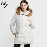 Lily2015冬装新女装修身纯色连帽中长款时尚休闲羽绒服