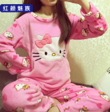 hello kitty女士睡衣 冬天加厚法兰绒卡通珊瑚绒凯蒂猫家居服套装
