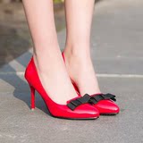 新款红色橡胶漆皮高跟细跟套脚酒杯跟尖头时尚蝴蝶结低帮女单鞋