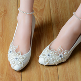 中式珍珠蕾丝婚鞋红色新娘鞋 中跟平底白色伴娘鞋孕妇秀禾鞋 订制