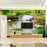 草地小溪自然风景3D立体墙纸电视背景墙纸客厅卧室无缝壁画壁纸布