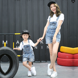 夏季亲子母女装牛仔背带裤白T恤两件套装韩版可爱女童吊带短裤潮