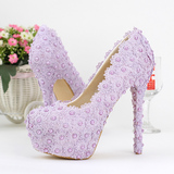 春季梦幻紫色蕾丝花朵新娘鞋防水台超高跟细跟拍婚纱照鞋婚鞋女鞋