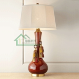 美式乡村创意酒红色纯铜陶瓷台灯书房卧室床头客厅布艺术纯铜台灯