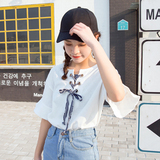 夏季女装韩范V领可爱绑带荷叶袖宽松百搭短袖T恤韩版学生中袖上衣