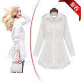 韩版女装2016新款白色长袖收腰裙摆衬衫显瘦中长款蕾丝纯棉衬衣女