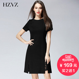 HZVZ欧美2016新品短袖镂空拼接修身蕾丝中长款黑色女装连衣裙夏