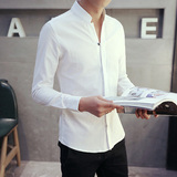 春秋季韩版修身立领长袖衬衫男青年男士纯色白色亚麻透气衬衣礼服