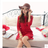 2016春秋季新款韩版女装 七分袖蕾丝连衣裙修身红裙子