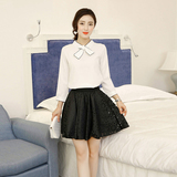 春季少女甜美韩版时尚套装女中学生修身长袖雪纺衫镂空短裙两件套