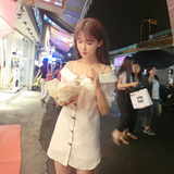 2016韩版一字领连衣裙夏季显瘦性感白色吊带直筒短裙小清新