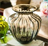 欧式螺纹彩色花器摆件紫色灰色田园北欧玻璃水晶南瓜琉璃条纹花瓶