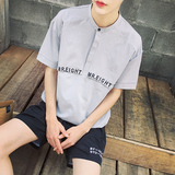 夏季港仔文艺新款韩版时尚立领衬衫修身百搭休闲男士短袖套头衬衣