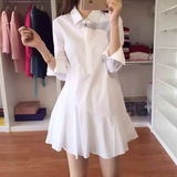韩国代购2016春装新款女装卓雅修身纯棉衬衫长袖翻领中长款连衣裙