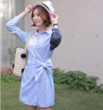 2016韩国秋装新款时尚个性拼色修身系带蝴蝶结长袖格子衬衫连衣裙