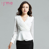 J-ME女装2016春秋新款V领白色长袖雪纺衬衫韩版职业衬衣打底上衣