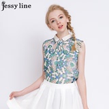 杰西莱jessy line2016夏装新款杰茜莱正品潮流印花拼接无袖衬衫女