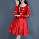 DM2016韩版新款蕾丝拼接篷篷裙 修身气质红色系带高腰礼服连衣裙