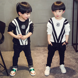 2016春款新款儿童圆领全棉黑白长袖T恤韩版中小男童条纹卫衣童装