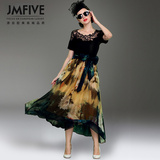JMFIVE2016新款夏季女装镂空拼接修身显瘦优雅印花长裙大摆连衣裙