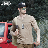 jeep长袖t恤男士春季纯色V领纯棉衣服休闲薄款大码宽松打底衫体恤