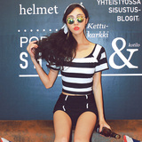 韩国性感黑白条纹分体泳衣女高腰保守运动短袖温泉分体平角裤显瘦