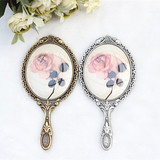 韩国代购金属复古玫瑰花随身便携可折叠镜手柄镜小号化妆镜子