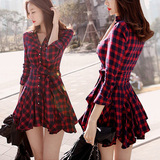 春季韩国修身女装长袖显瘦格子打底大码连衣裙CD伪娘变装