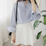 韩版新款蓝白细条纹衬衫女喇叭袖显瘦学生秋季套头上衣休闲衬衣潮