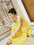 韩版小性感海边度假姜黄色A型不规则雪纺宽松褶皱吊带连衣裙长裙