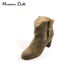 Massimo Dutti秋冬款女靴真皮粗跟短靴马丁靴磨砂皮矮筒低帮单靴