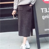 2016春季新款韩版弹力高腰包臀裙针织半身裙双口袋毛线长裙一步裙